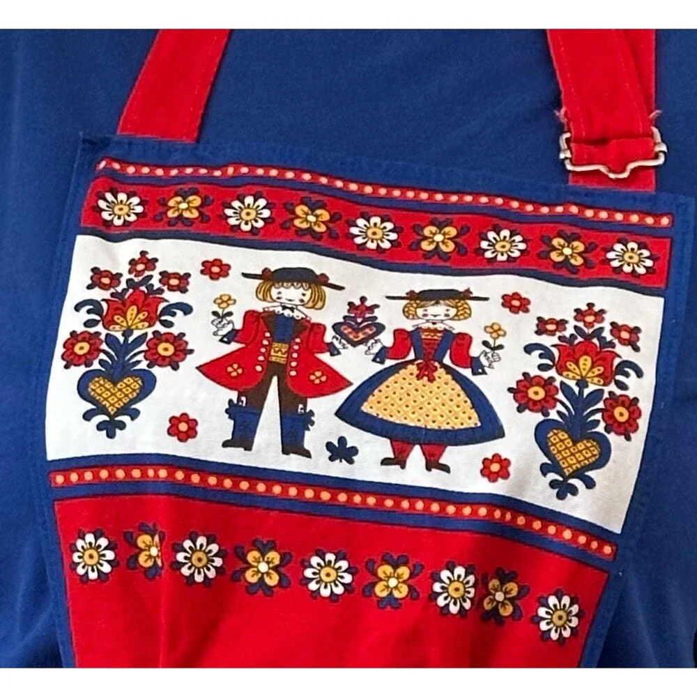Vintage Kolf Austria Folk Art Kitchen 2 Pc Set Red Blue Bib Apron & Table Square